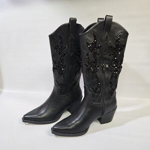 Wild Pair Lucah Black Sequin Cowboy Boot 6 Western Embroidered Sparkle Rodeo NIB